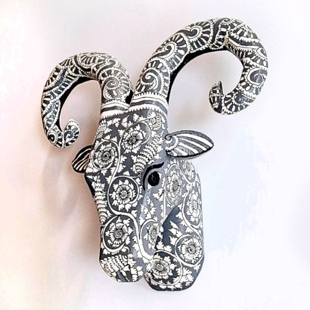 Grey Ram Head Handcrafted Wooden Wall Art